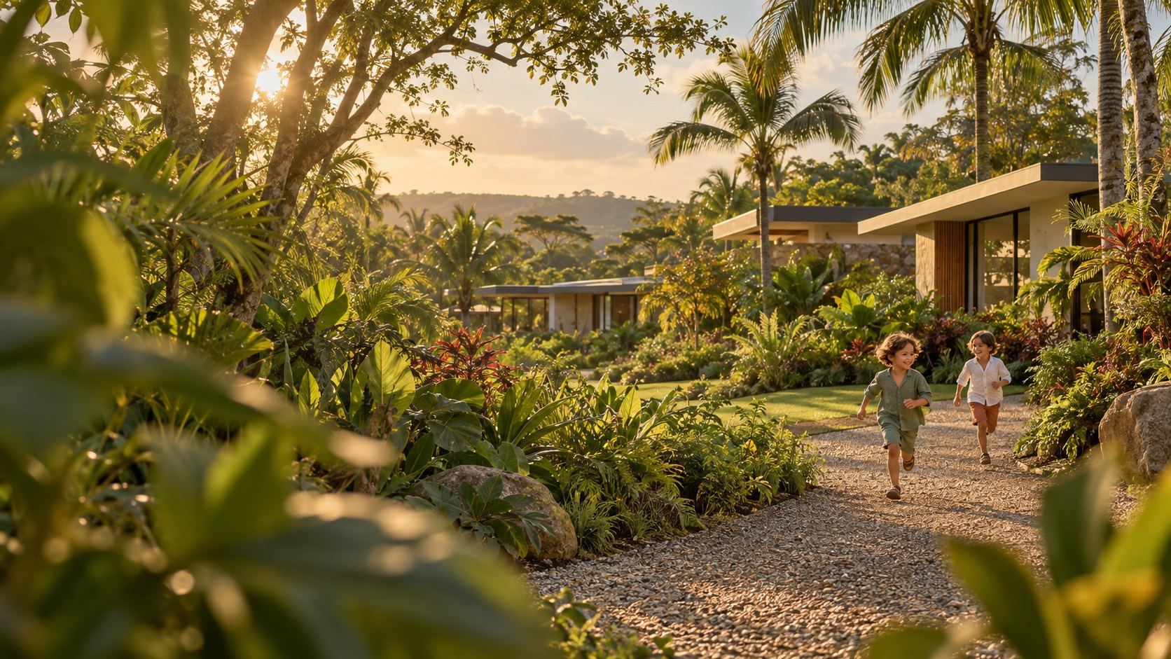 Niños corriendo por un sendero entre jardines tropicales